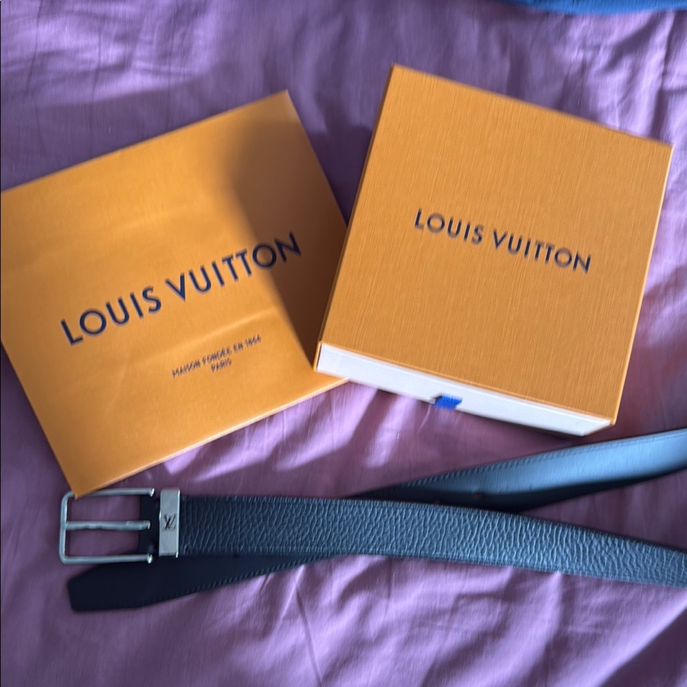 Louis Vuitton Gray Leather Belt with Silver Buckle